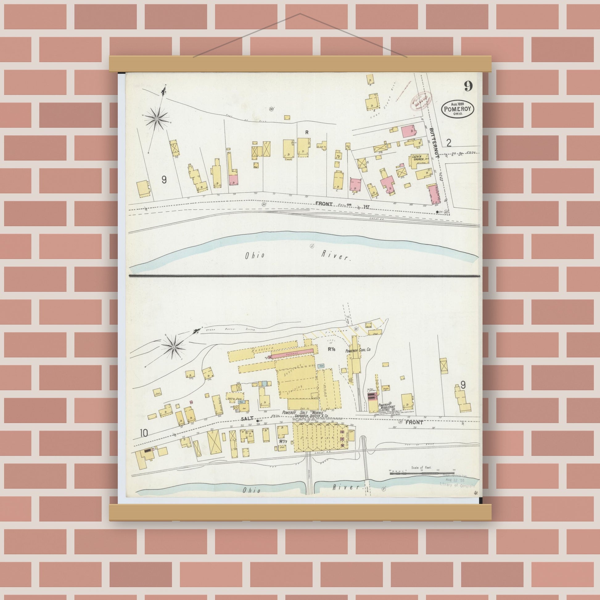Old map wall art mockup — magnetic wood frame on brick wall — Sanborn Fire Insurance Map from Pomeroy, Meigs County, Ohio (1899), Sheet #0009