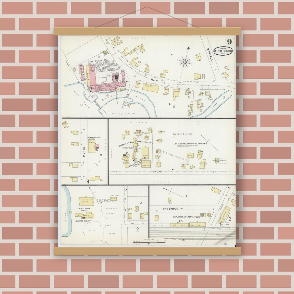 Old map wall art mockup — magnetic wood frame on brick wall — Sanborn Fire Insurance Map from Middleboro, Plymouth County, Massachusetts (1896), Sheet #0009