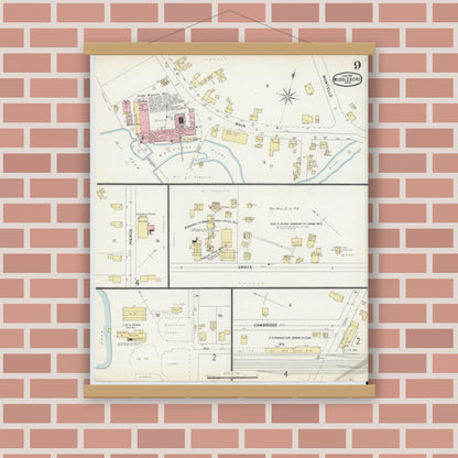Old map wall art mockup — magnetic wood frame on brick wall — Sanborn Fire Insurance Map from Middleboro, Plymouth County, Massachusetts (1896), Sheet #0009