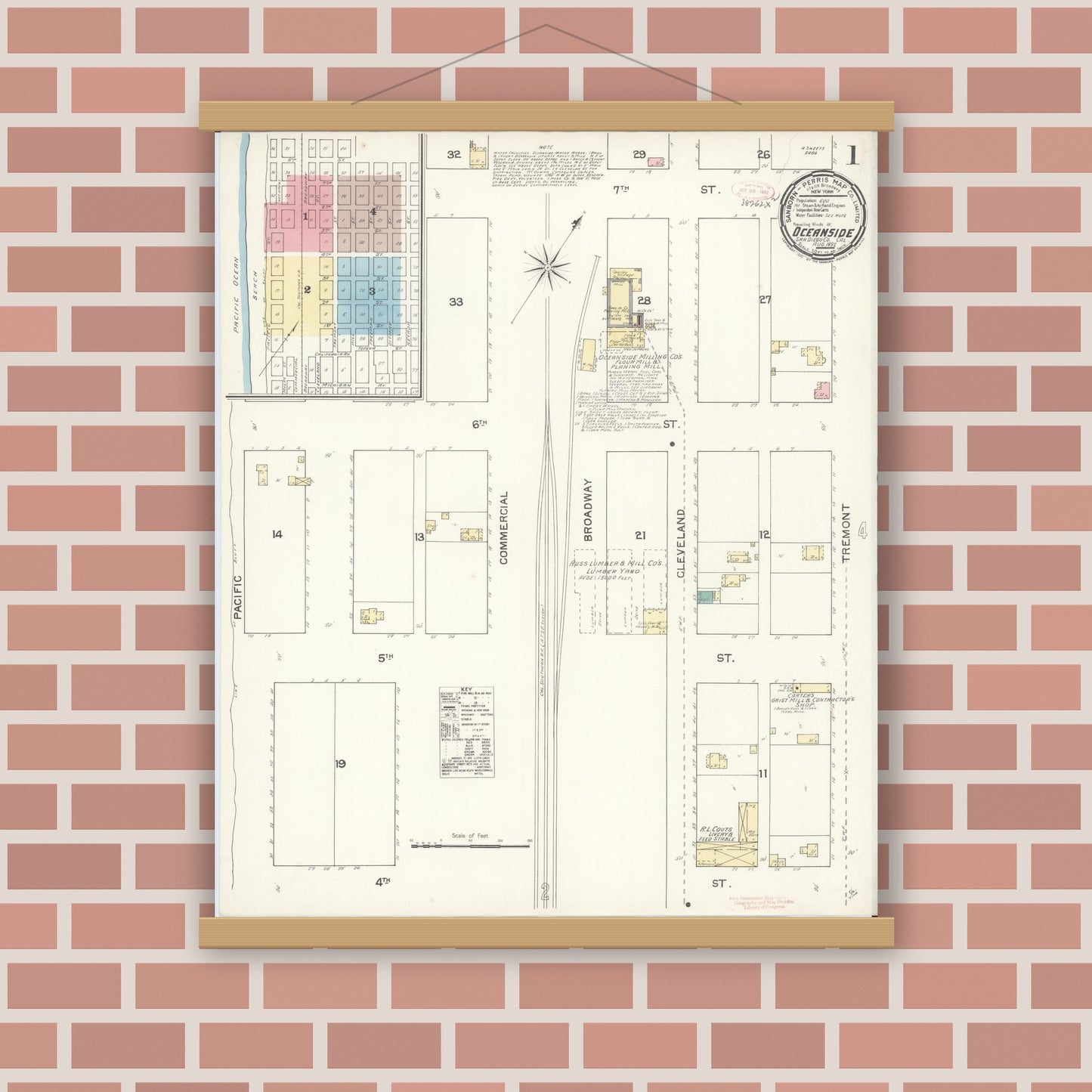 Old map wall art mockup — magnetic wood frame on brick wall — Sanborn Fire Insurance Map from Oceanside, San Diego County, California (1892) - Complete Map Set