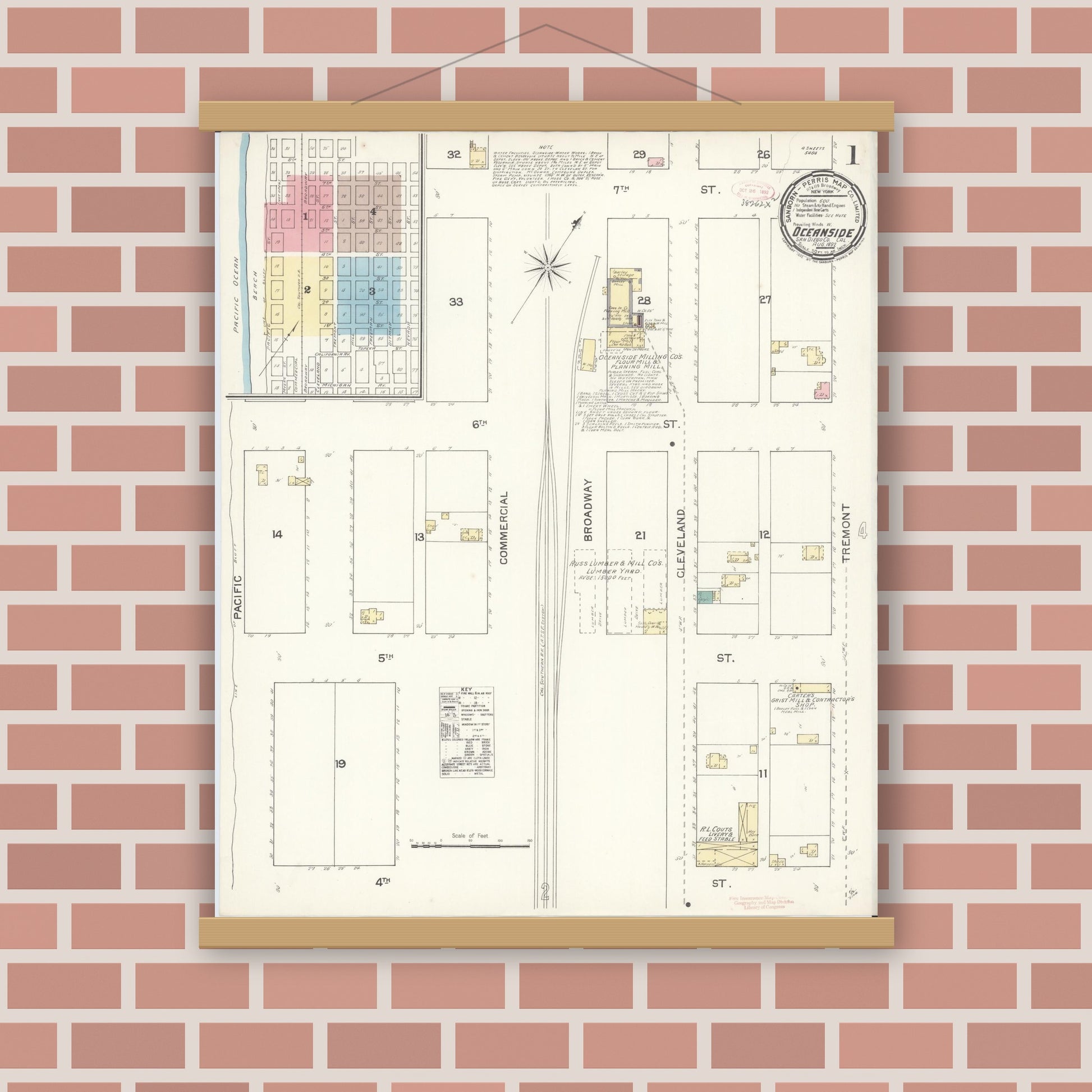 Old map wall art mockup — magnetic wood frame on brick wall — Sanborn Fire Insurance Map from Oceanside, San Diego County, California (1892) - Complete Map Set