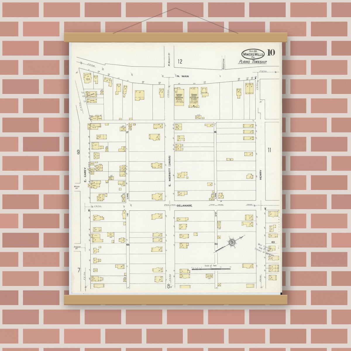 Old map wall art mockup — magnetic wood frame on brick wall — Sanborn Fire Insurance Map from Miners Mills, Luzerne County, Pennsylvania (1911), Sheet #0010