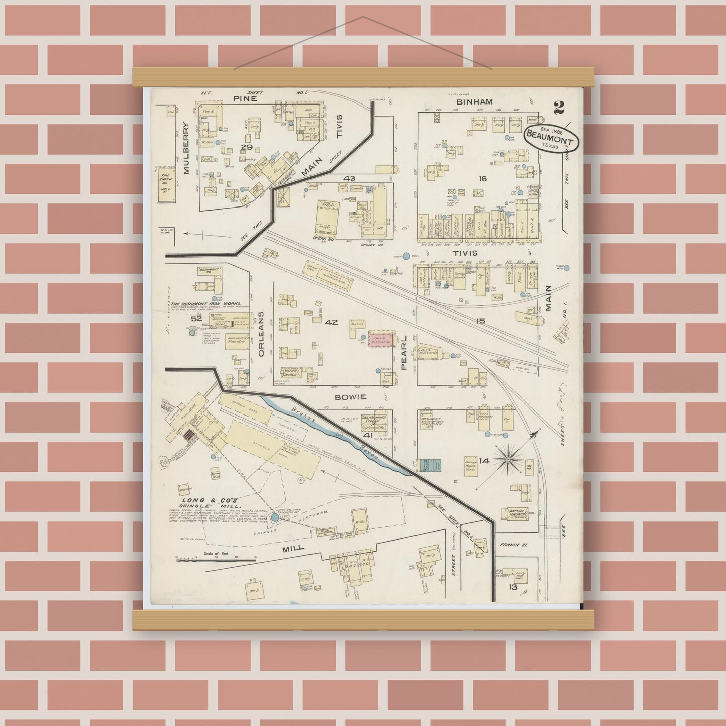 Old map wall art mockup — magnetic wood frame on brick wall — Sanborn Fire Insurance Map from Beaumont, Jefferson County, Texas (1885), Sheet #0002