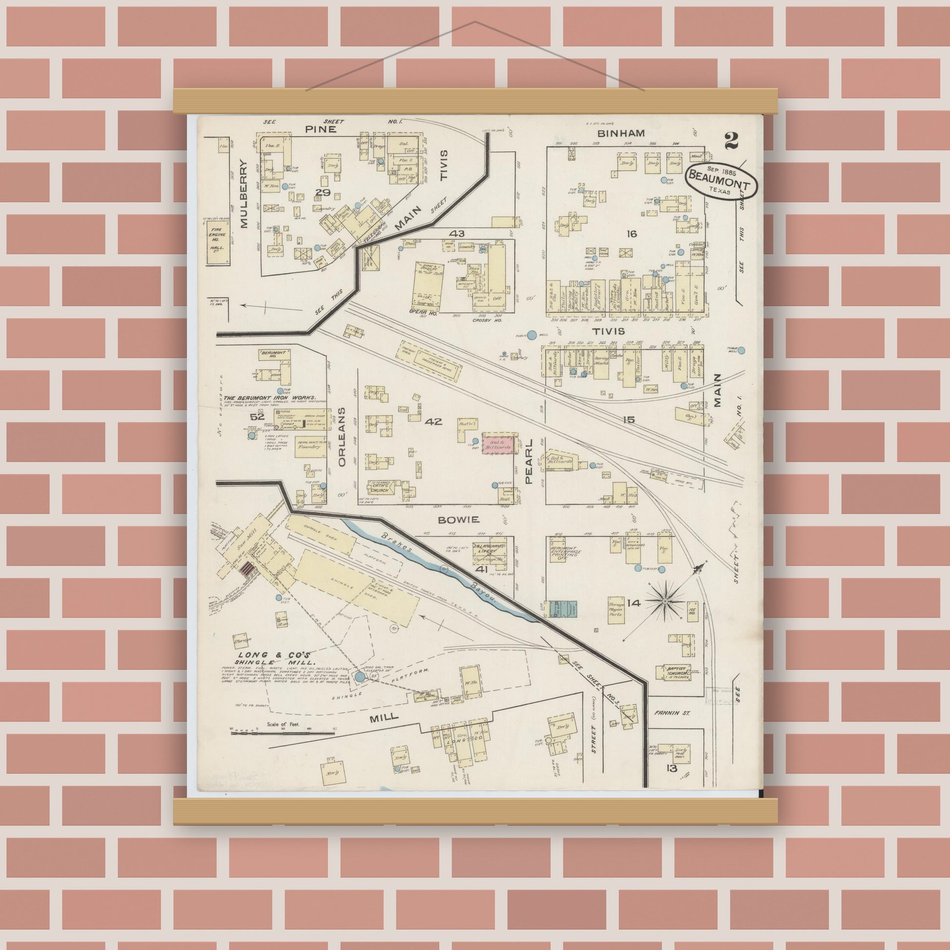 Old map wall art mockup — magnetic wood frame on brick wall — Sanborn Fire Insurance Map from Beaumont, Jefferson County, Texas (1885), Sheet #0002