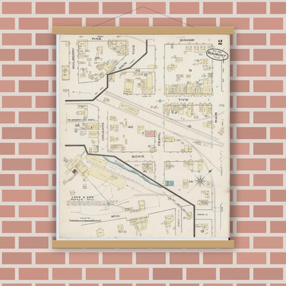 Old map wall art mockup — magnetic wood frame on brick wall — Sanborn Fire Insurance Map from Beaumont, Jefferson County, Texas (1885), Sheet #0002