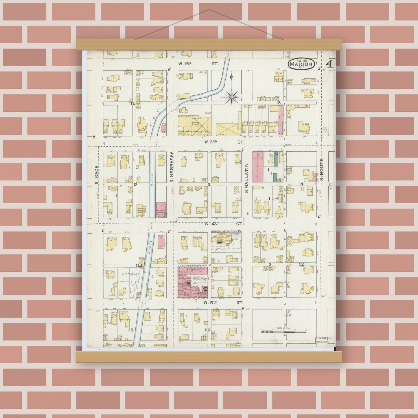 Old map wall art mockup — magnetic wood frame on brick wall — Sanborn Fire Insurance Map from Marion, Grant County, Indiana (1893), Sheet #0004