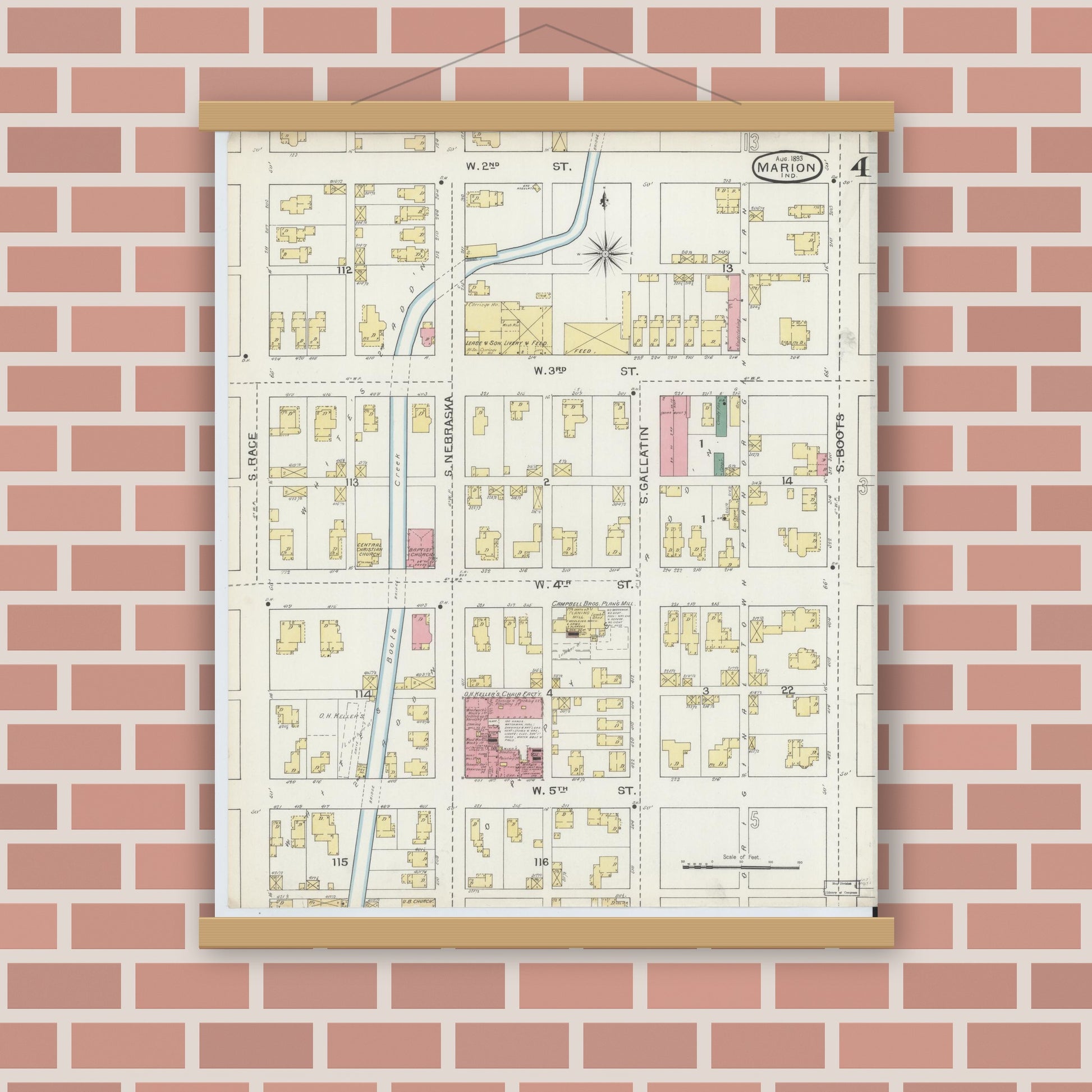 Old map wall art mockup — magnetic wood frame on brick wall — Sanborn Fire Insurance Map from Marion, Grant County, Indiana (1893), Sheet #0004