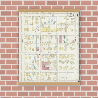 Old map wall art mockup — magnetic wood frame on brick wall — Sanborn Fire Insurance Map from Marion, Grant County, Indiana (1893), Sheet #0004