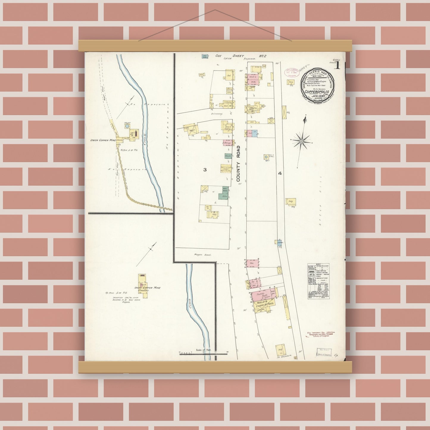 Old map wall art mockup — magnetic wood frame on brick wall — Sanborn Fire Insurance Map from Copperopolis, Calaveras County, California (1890), Sheet #0001
