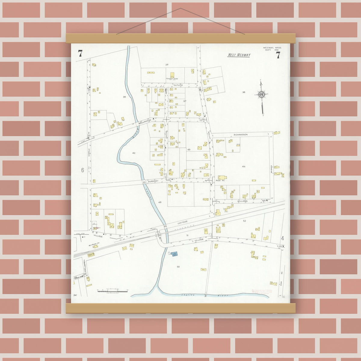 Old map wall art mockup — magnetic wood frame on brick wall — Sanborn Fire Insurance Map from Medway, Norfolk County, Massachusetts (1933), Sheet #0007