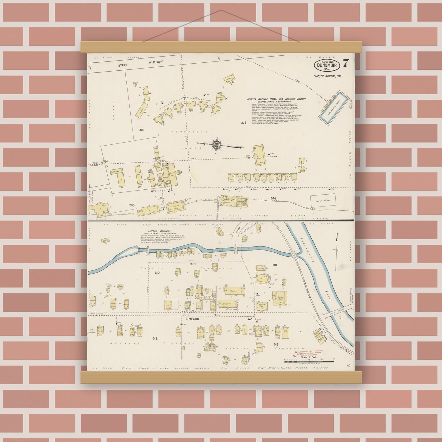 Old map wall art mockup — magnetic wood frame on brick wall — Sanborn Fire Insurance Map from Dunsmuir, Siskiyou County, California (1920), Sheet #0007