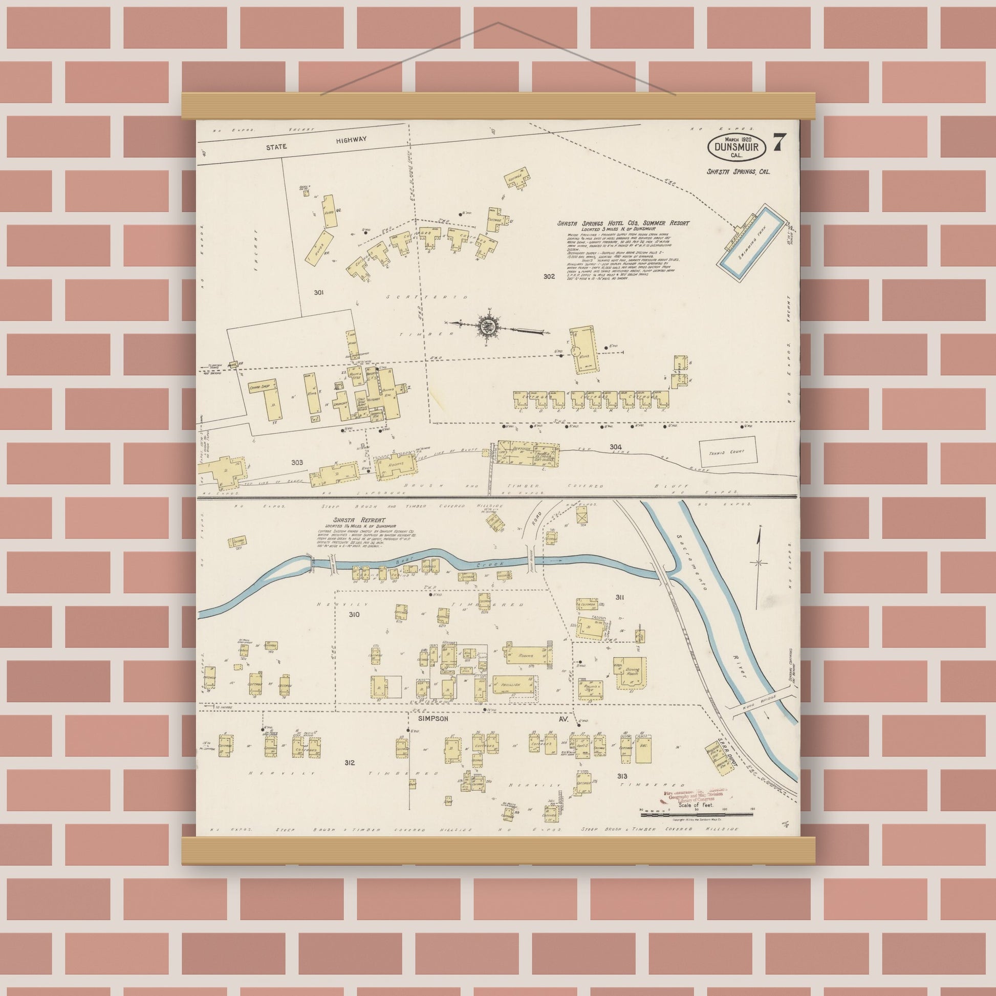 Old map wall art mockup — magnetic wood frame on brick wall — Sanborn Fire Insurance Map from Dunsmuir, Siskiyou County, California (1920), Sheet #0007