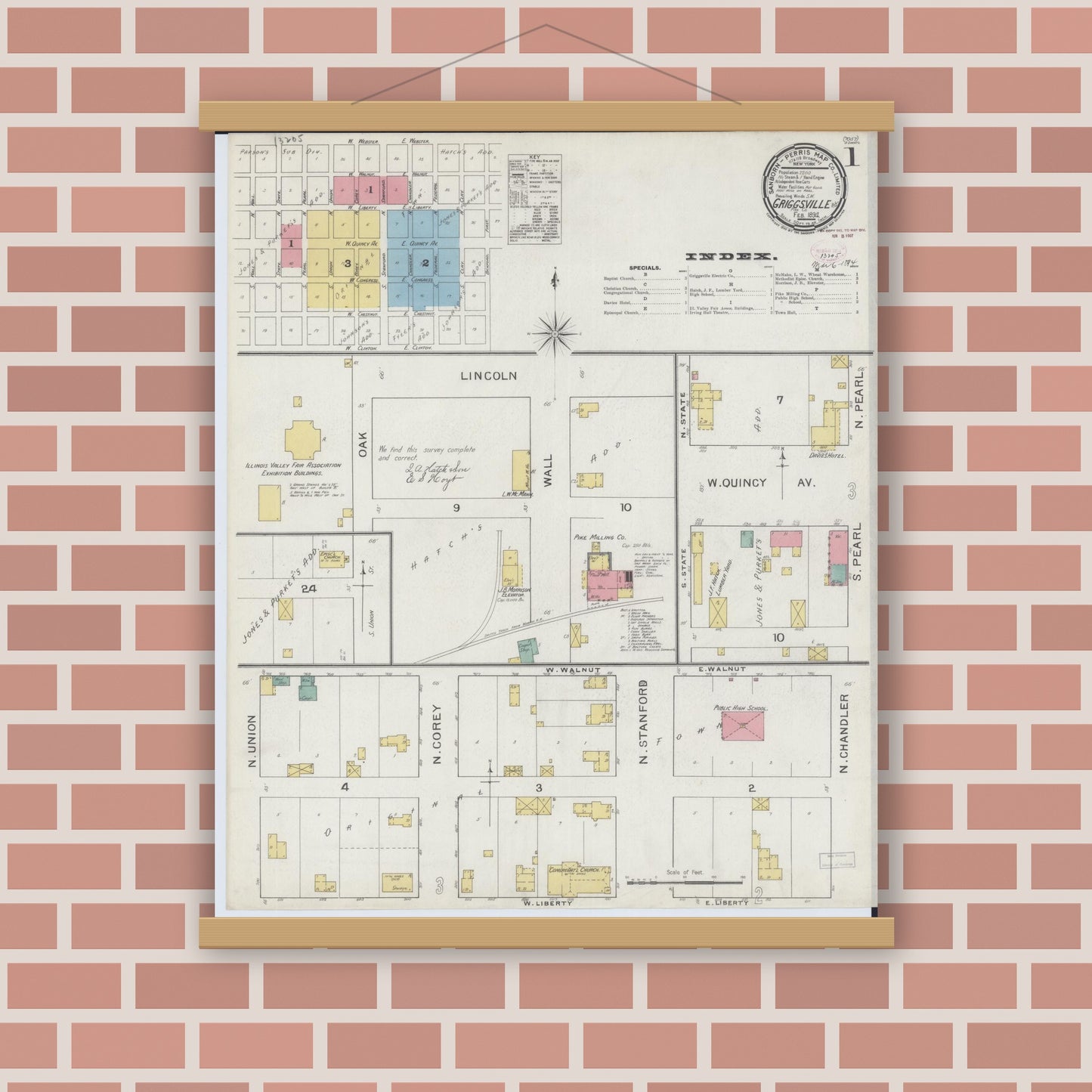 Old map wall art mockup — magnetic wood frame on brick wall — Sanborn Fire Insurance Map from Griggsville, Pike County, Illinois (1894), Sheet #0001