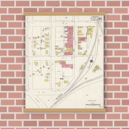 Old map wall art mockup — magnetic wood frame on brick wall — Sanborn Fire Insurance Map from Davis, Yolo County, California (1921), Sheet #0010