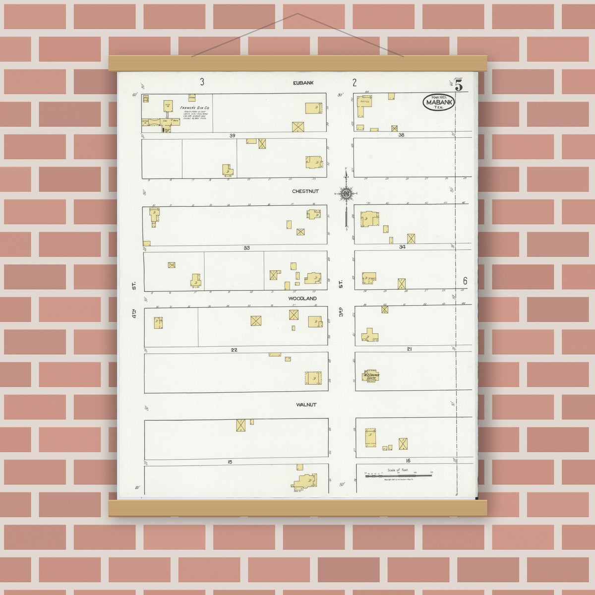 Old map wall art mockup — magnetic wood frame on brick wall — Sanborn Fire Insurance Map from Mabank, Kaufman County, Texas (1921), Sheet #0005