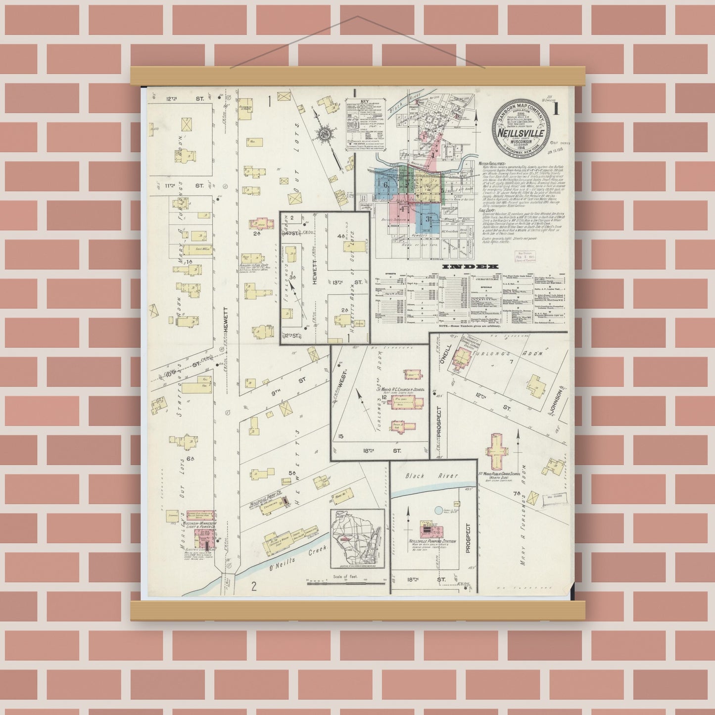 Old map wall art mockup — magnetic wood frame on brick wall — Sanborn Fire Insurance Map from Neillsville, Clark County, Wisconsin (1914) - Complete Map Set