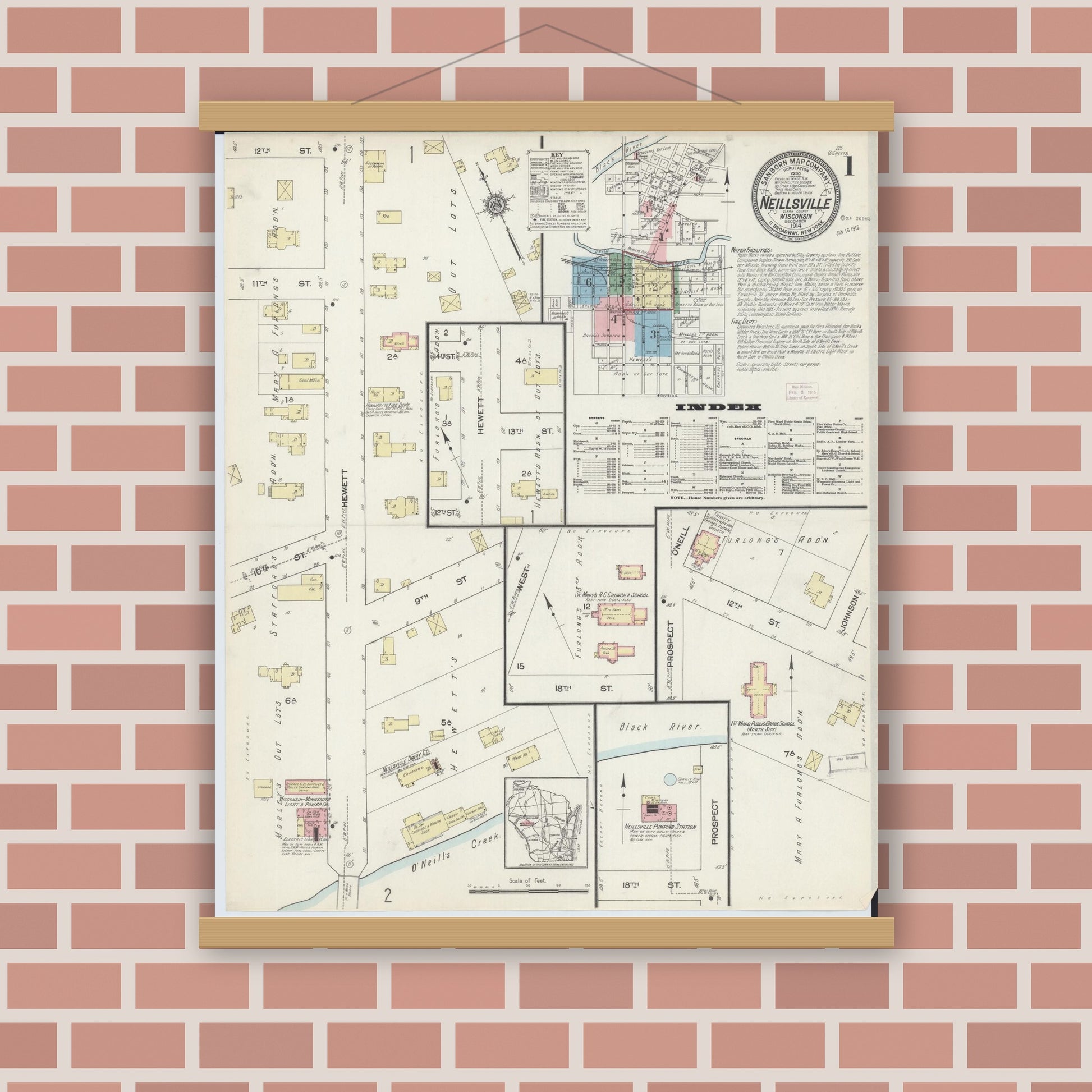 Old map wall art mockup — magnetic wood frame on brick wall — Sanborn Fire Insurance Map from Neillsville, Clark County, Wisconsin (1914) - Complete Map Set