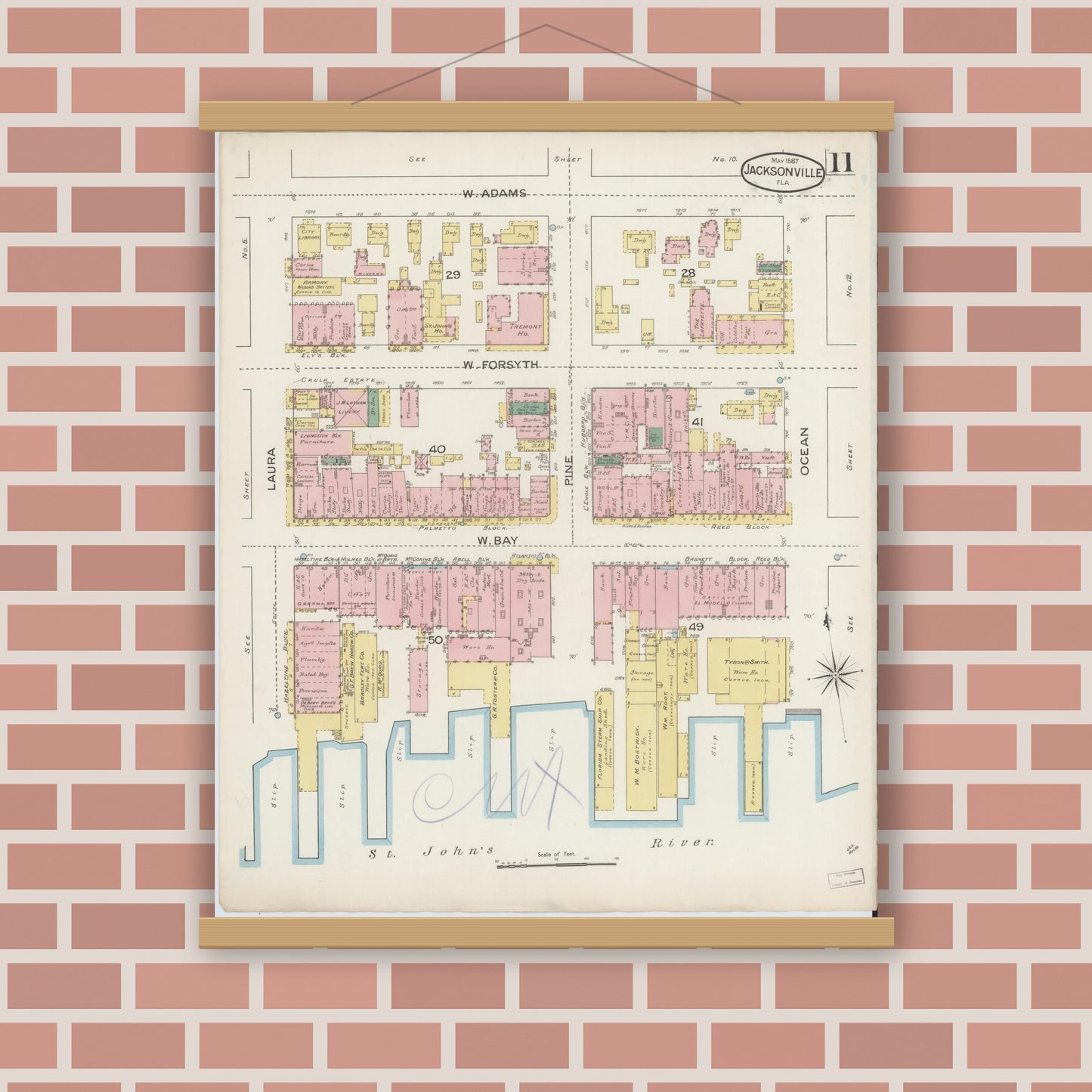 Old map wall art mockup — magnetic wood frame on brick wall — Sanborn Fire Insurance Map from Jacksonville, Duval County, Florida (1887), Sheet #0011