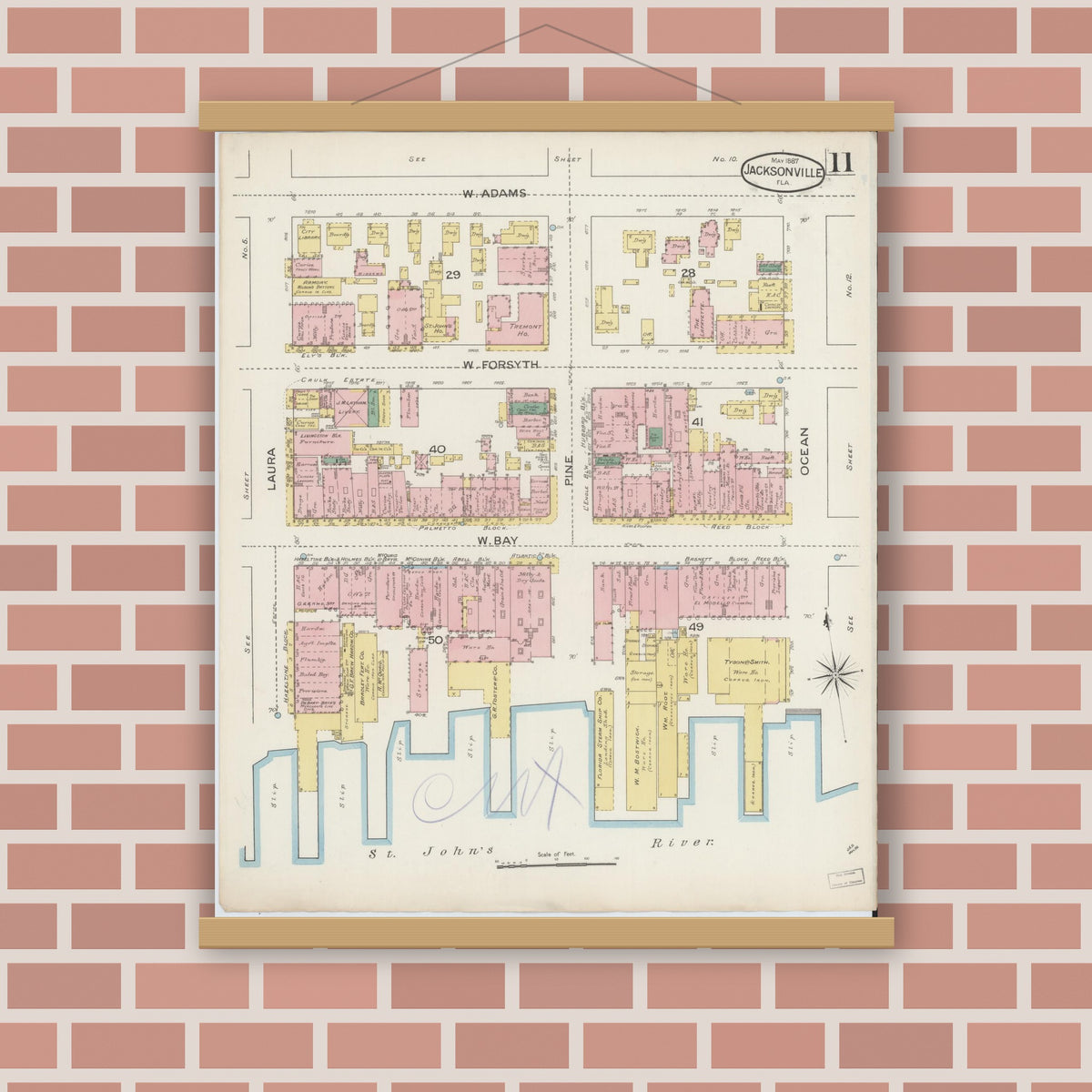 Old map wall art mockup — magnetic wood frame on brick wall — Sanborn Fire Insurance Map from Jacksonville, Duval County, Florida (1887), Sheet #0011