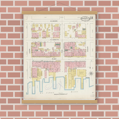 Old map wall art mockup — magnetic wood frame on brick wall — Sanborn Fire Insurance Map from Jacksonville, Duval County, Florida (1887), Sheet #0011