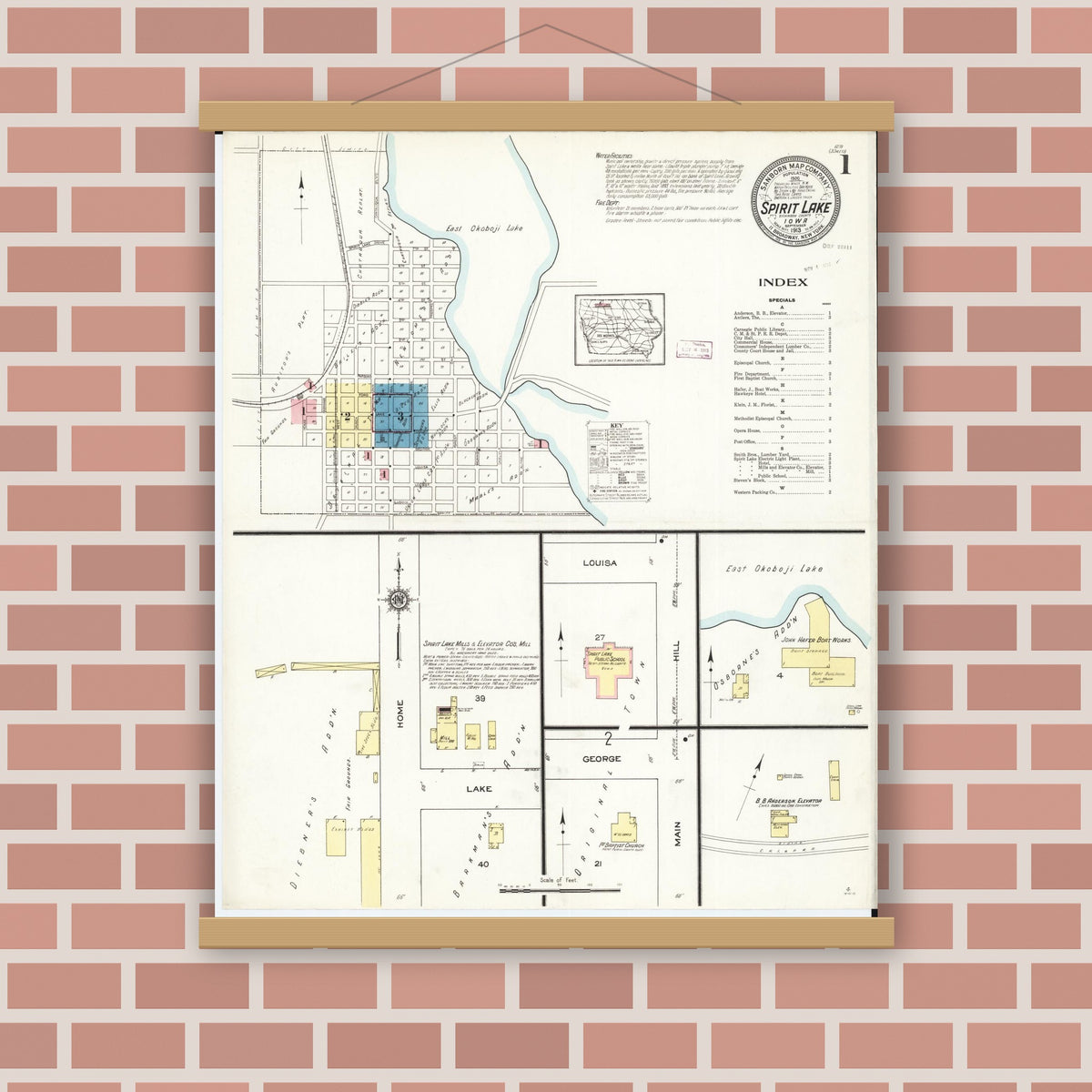 Old map wall art mockup — magnetic wood frame on brick wall — Sanborn Fire Insurance Map from Spirit Lake, Dickinson County, Iowa (1913) â€” Complete Set