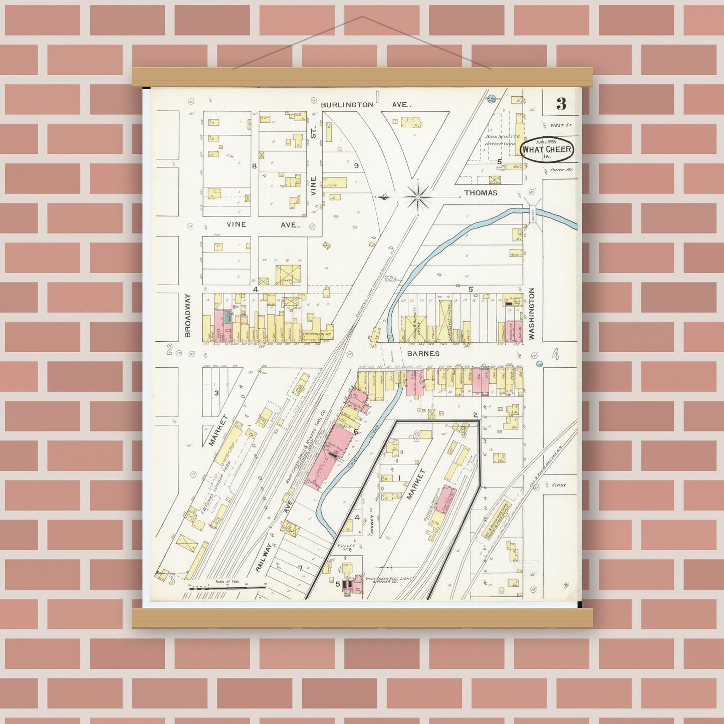 Old map wall art mockup — magnetic wood frame on brick wall — Sanborn Fire Insurance Map from What Cheer, Keokuk County, Iowa (1893), Sheet #0003