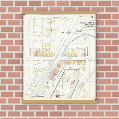 Old map wall art mockup — magnetic wood frame on brick wall — Sanborn Fire Insurance Map from What Cheer, Keokuk County, Iowa (1893), Sheet #0003
