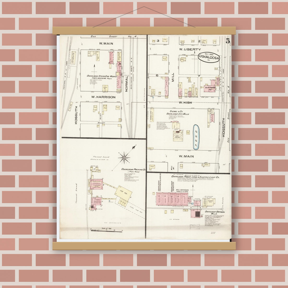 Old map wall art mockup — magnetic wood frame on brick wall — Sanborn Fire Insurance Map from Oskaloosa, Mahaska County, Iowa (1885), Sheet #0005