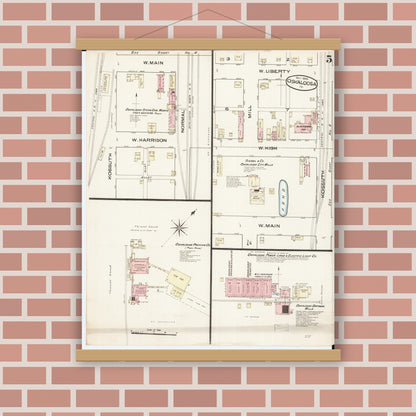 Old map wall art mockup — magnetic wood frame on brick wall — Sanborn Fire Insurance Map from Oskaloosa, Mahaska County, Iowa (1885), Sheet #0005