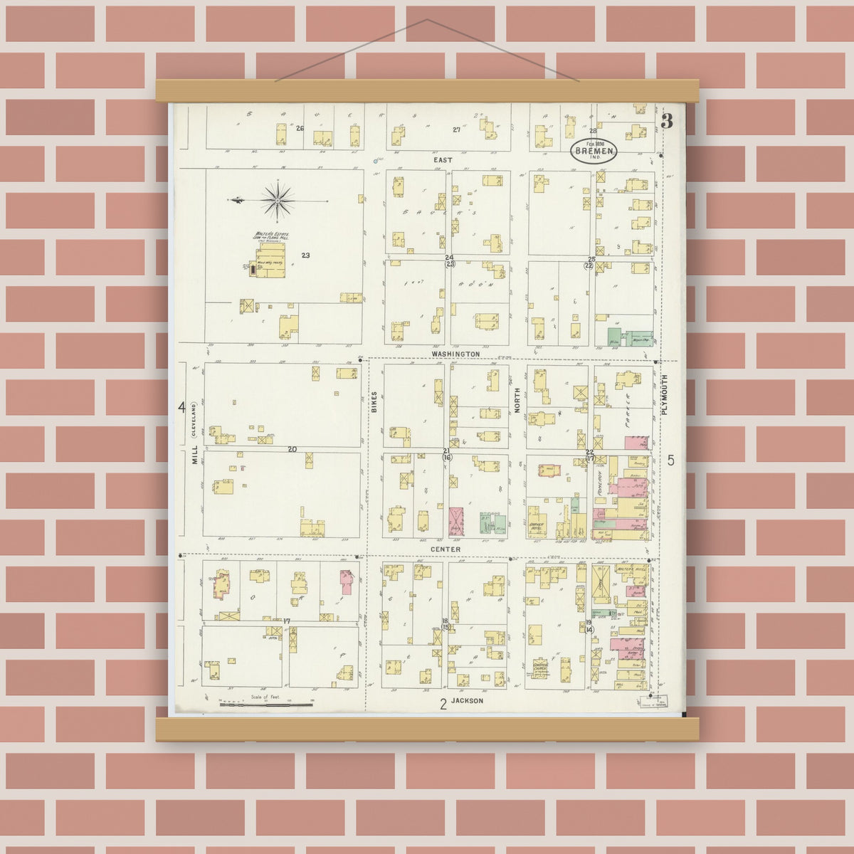 Old map wall art mockup — magnetic wood frame on brick wall — Sanborn Fire Insurance Map from Bremen, Marshall County, Indiana (1898), Sheet #0003