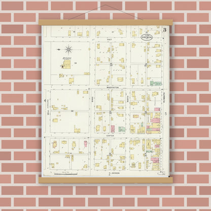 Old map wall art mockup — magnetic wood frame on brick wall — Sanborn Fire Insurance Map from Bremen, Marshall County, Indiana (1898), Sheet #0003