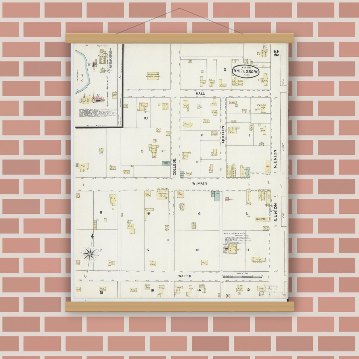 Old map wall art mockup — magnetic wood frame on brick wall — Sanborn Fire Insurance Map from Whitesboro, Grayson County, Texas (1891), Sheet #0002