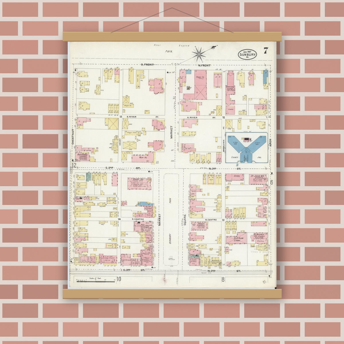 Old map wall art mockup — magnetic wood frame on brick wall — Sanborn Fire Insurance Map from Sunbury, Northumberland County, Pennsylvania (1907), Sheet #0007