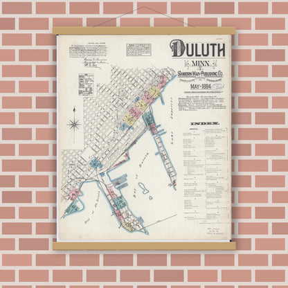 Old map wall art mockup — magnetic wood frame on brick wall — Sanborn Fire Insurance Map from Duluth, Saint Louis County, Minnesota (1884), Sheet #0001
