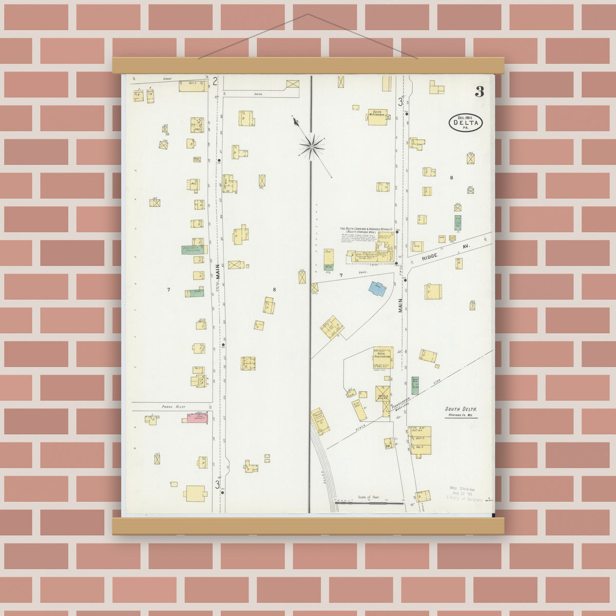 Old map wall art mockup — magnetic wood frame on brick wall — Sanborn Fire Insurance Map from Delta, York County, Pennsylvania (1904), Sheet #0003