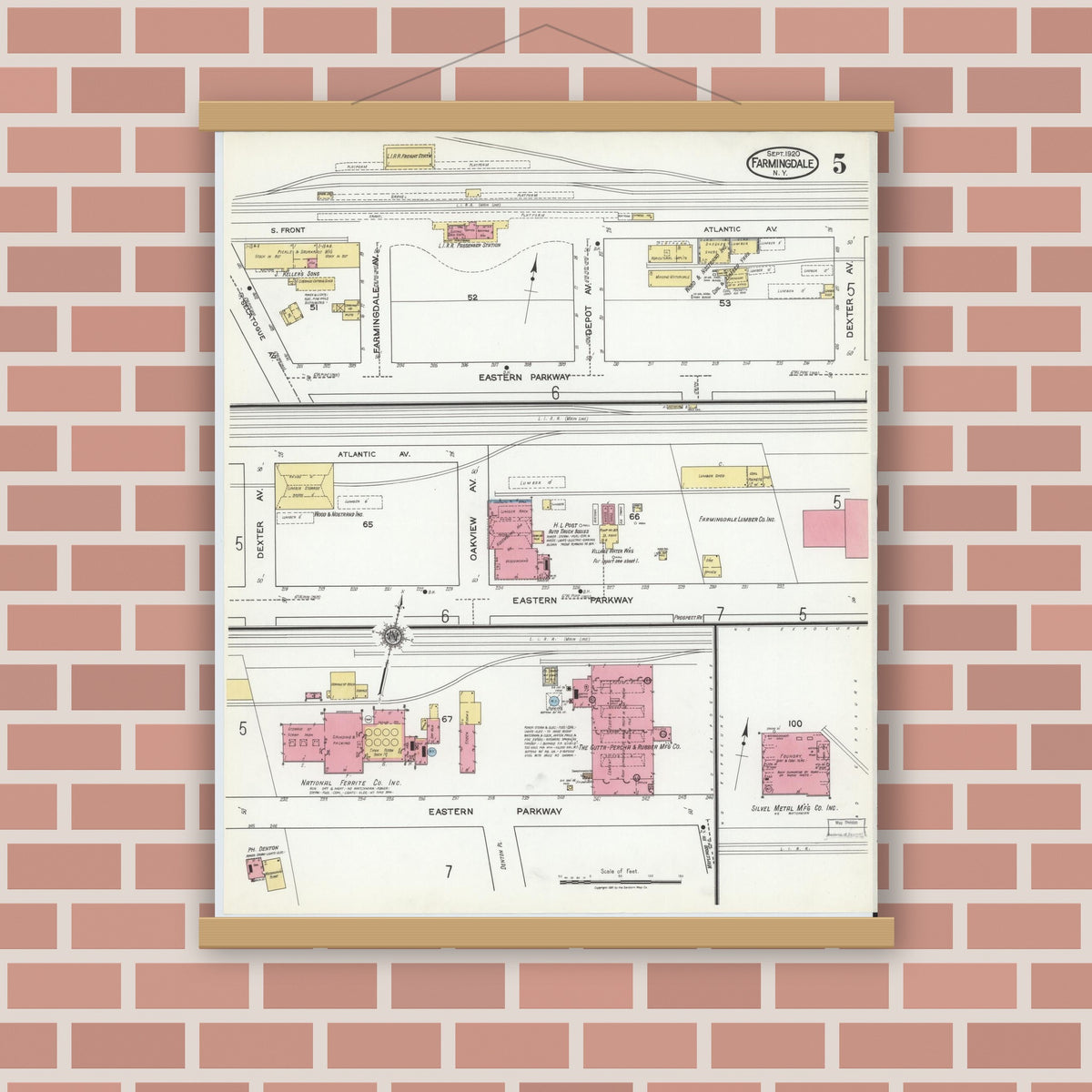 Old map wall art mockup — magnetic wood frame on brick wall — Sanborn Fire Insurance Map from Farmingdale, Nassau County, New York (1920), Sheet #0005