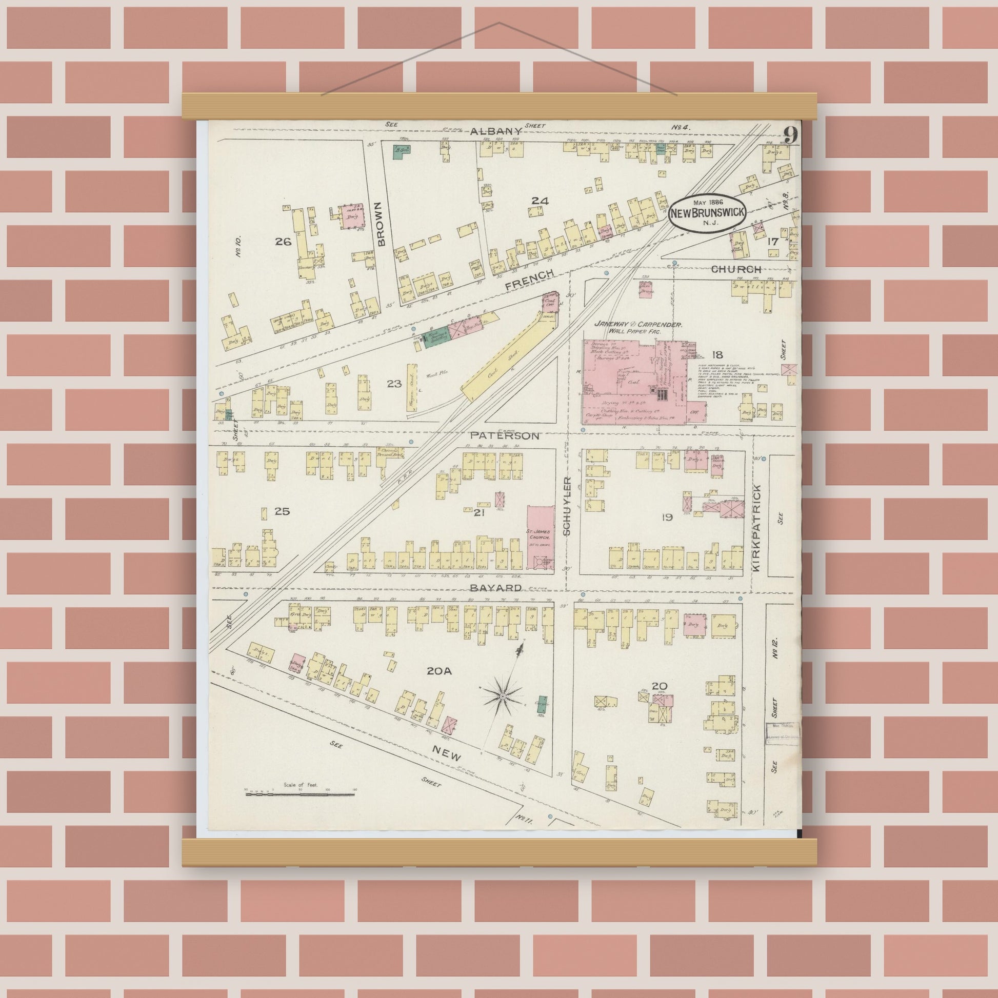 Old map wall art mockup — magnetic wood frame on brick wall — Sanborn Fire Insurance Map from New Brunswick, Middlesex County, New Jersey (1886), Sheet #0009