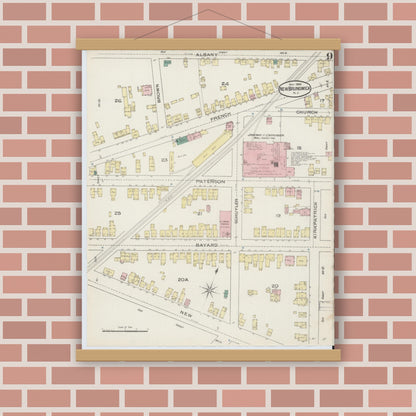 Old map wall art mockup — magnetic wood frame on brick wall — Sanborn Fire Insurance Map from New Brunswick, Middlesex County, New Jersey (1886), Sheet #0009