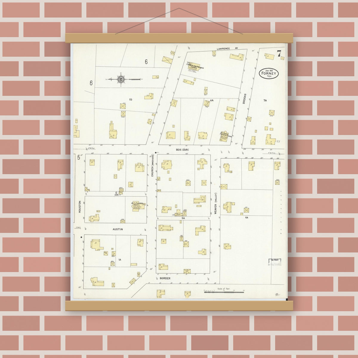 Old map wall art mockup — magnetic wood frame on brick wall — Sanborn Fire Insurance Map from Forney, Kaufman County, Texas (1912), Sheet #0007