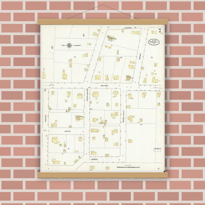 Old map wall art mockup — magnetic wood frame on brick wall — Sanborn Fire Insurance Map from Forney, Kaufman County, Texas (1912), Sheet #0007