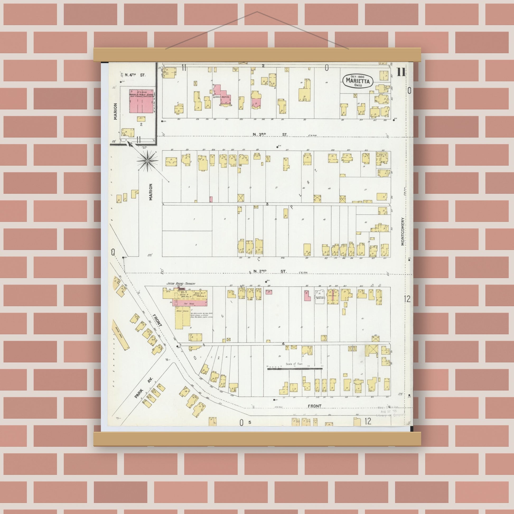Old map wall art mockup — magnetic wood frame on brick wall — Sanborn Fire Insurance Map from Marietta, Washington County, Ohio (1900), Sheet #0011