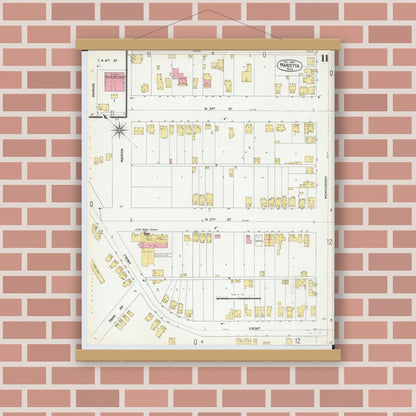 Old map wall art mockup — magnetic wood frame on brick wall — Sanborn Fire Insurance Map from Marietta, Washington County, Ohio (1900), Sheet #0011