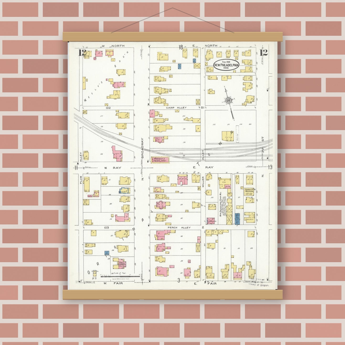 Old map wall art mockup — magnetic wood frame on brick wall — Sanborn Fire Insurance Map from New Philadelphia, Tuscarawas County, Ohio (1926), Sheet #0012