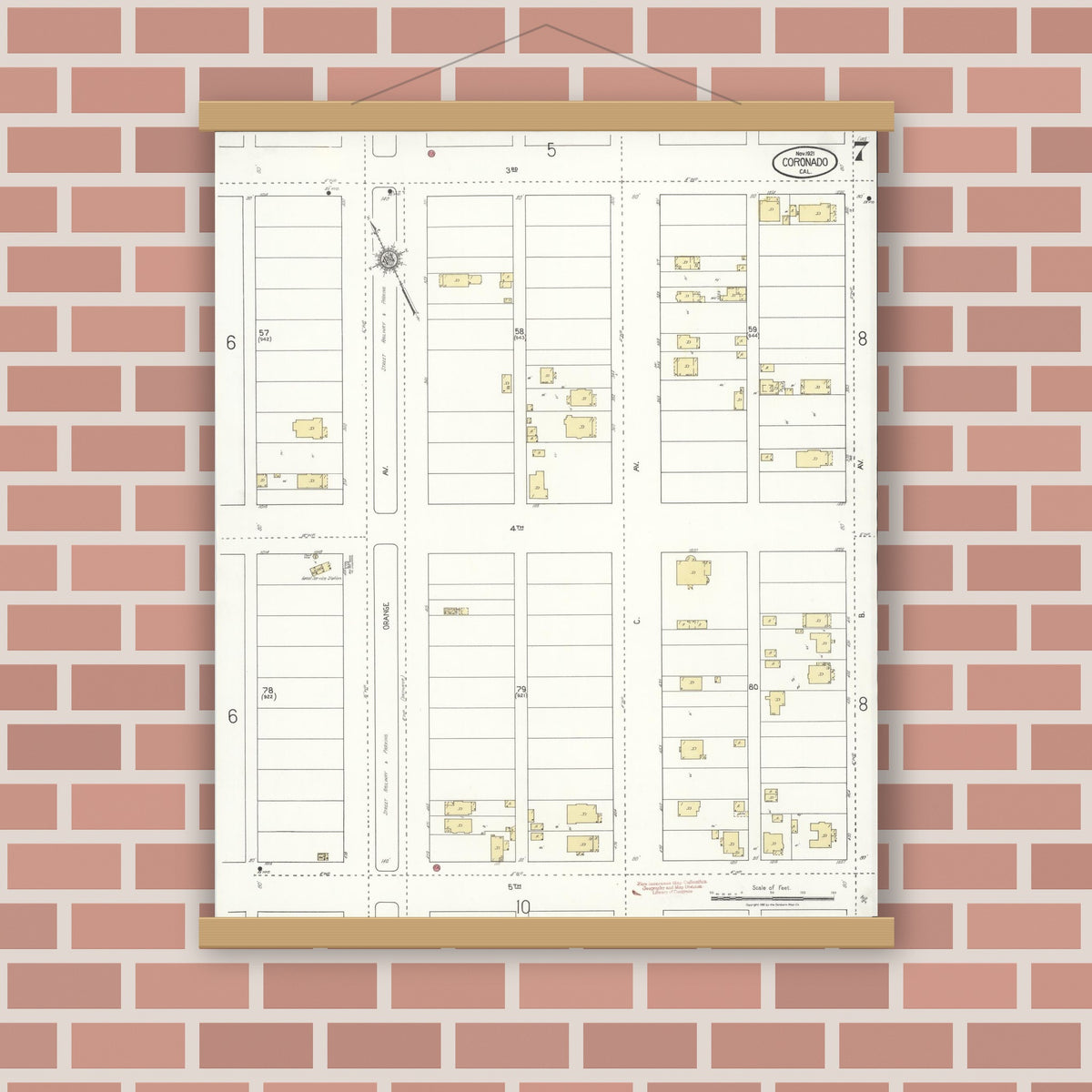 Old map wall art mockup — magnetic wood frame on brick wall — Sanborn Fire Insurance Map from Coronado, San Diego County, California (1921), Sheet #0007