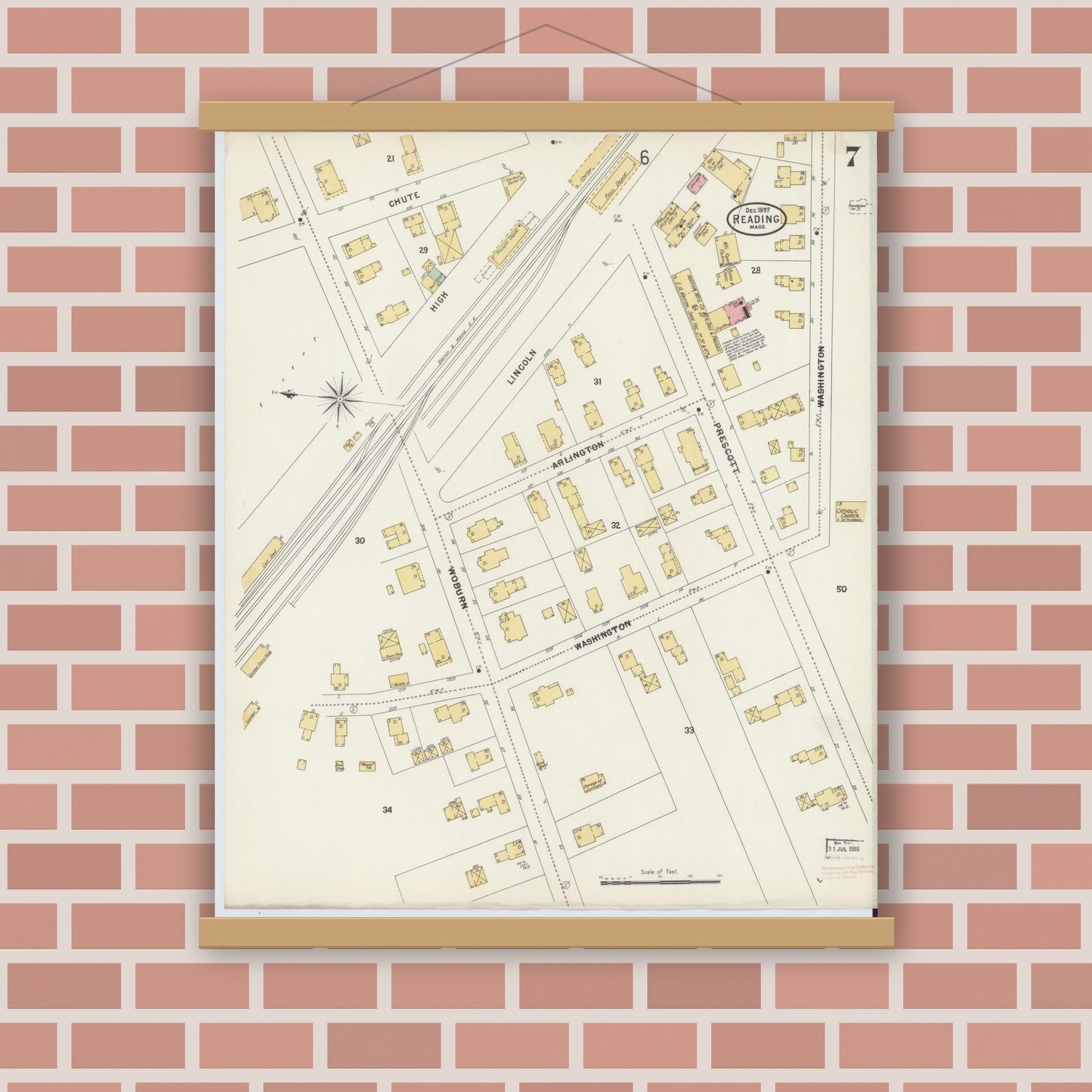 Old map wall art mockup — magnetic wood frame on brick wall — Sanborn Fire Insurance Map from Reading, Middlesex County, Massachusetts (1897), Sheet #0007