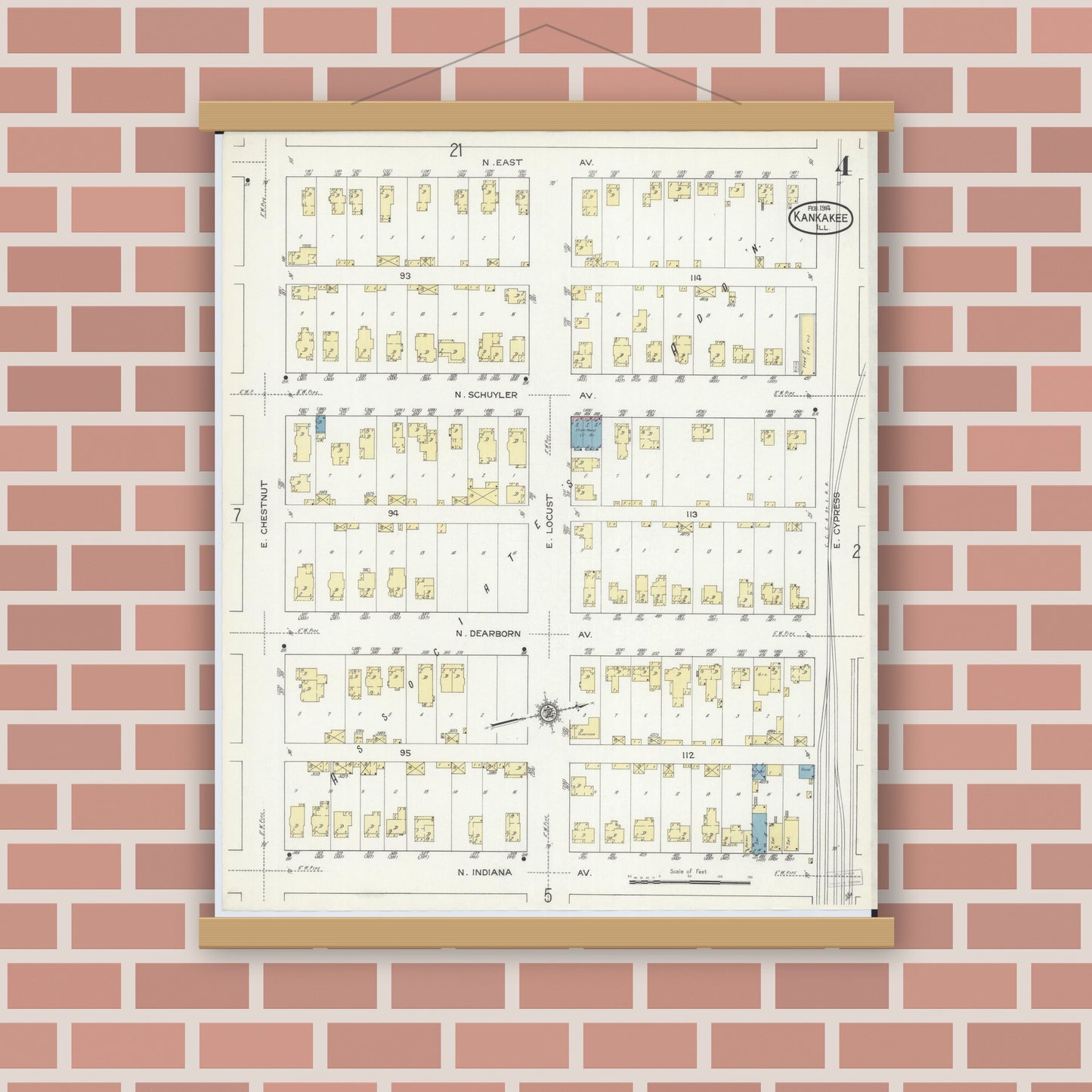 Old map wall art mockup — magnetic wood frame on brick wall — Sanborn Fire Insurance Map from Kankakee, Kankakee County, Illinois (1914), Sheet #0004