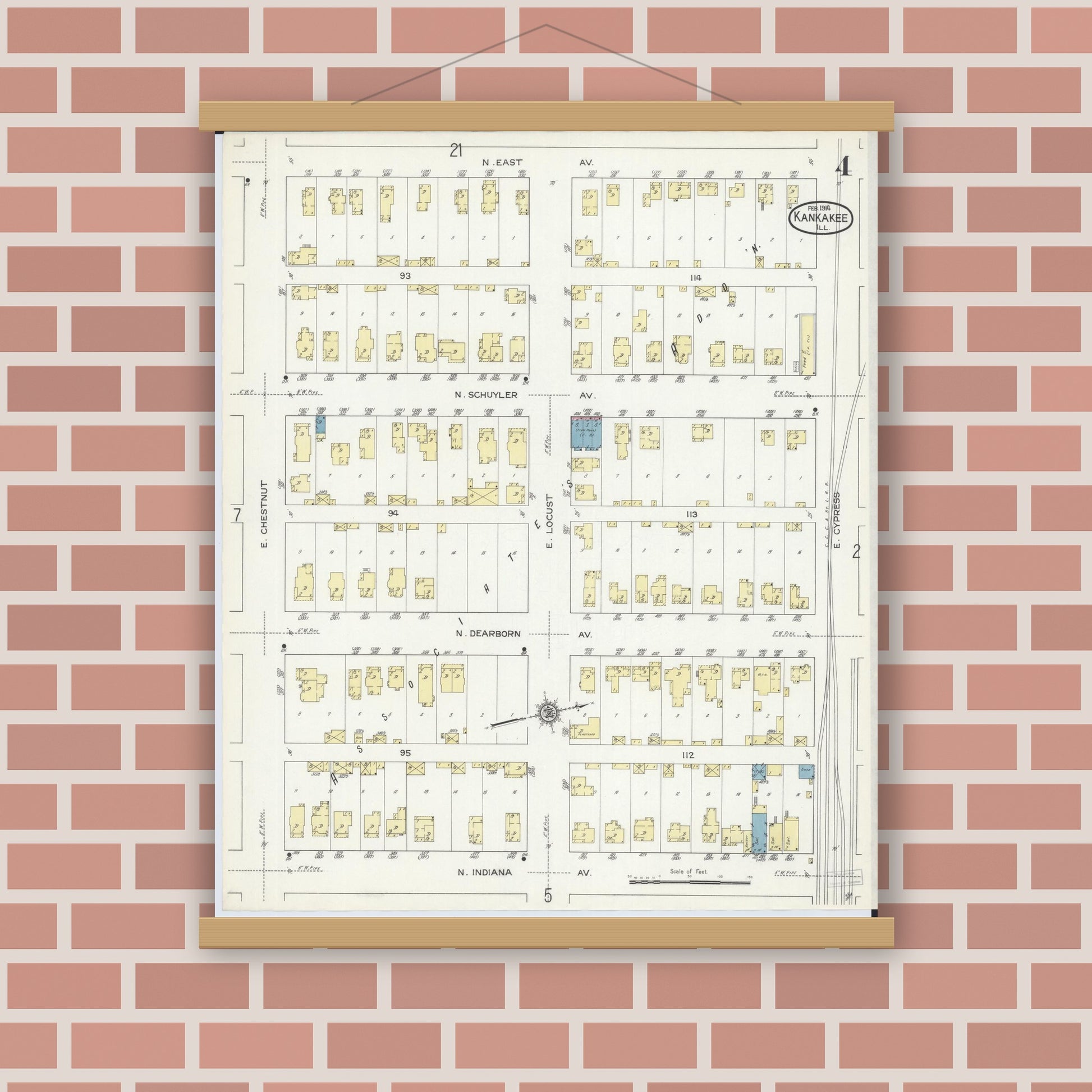 Old map wall art mockup — magnetic wood frame on brick wall — Sanborn Fire Insurance Map from Kankakee, Kankakee County, Illinois (1914), Sheet #0004