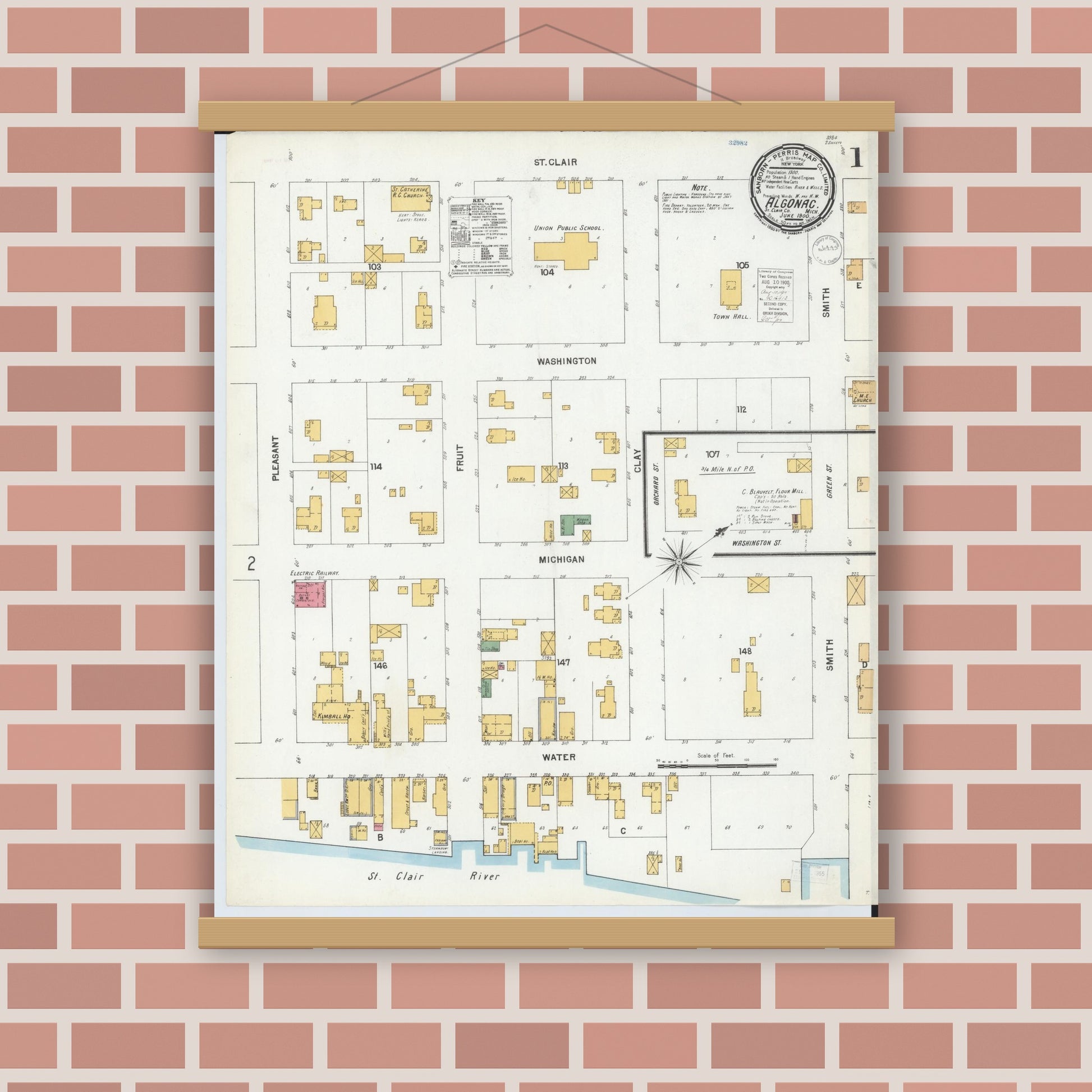 Old map wall art mockup — magnetic wood frame on brick wall — Sanborn Fire Insurance Map from Algonac, Saint Clair County, Michigan (1900), Sheet #0001