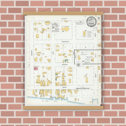 Old map wall art mockup — magnetic wood frame on brick wall — Sanborn Fire Insurance Map from Algonac, Saint Clair County, Michigan (1900), Sheet #0001