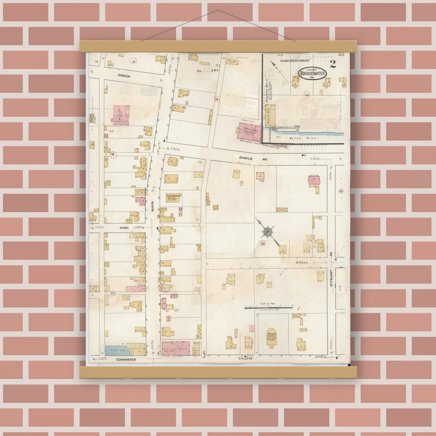 Old map wall art mockup — magnetic wood frame on brick wall — Sanborn Fire Insurance Map from Bridgewater, Rockingham County, Virginia (1917), Sheet #0002
